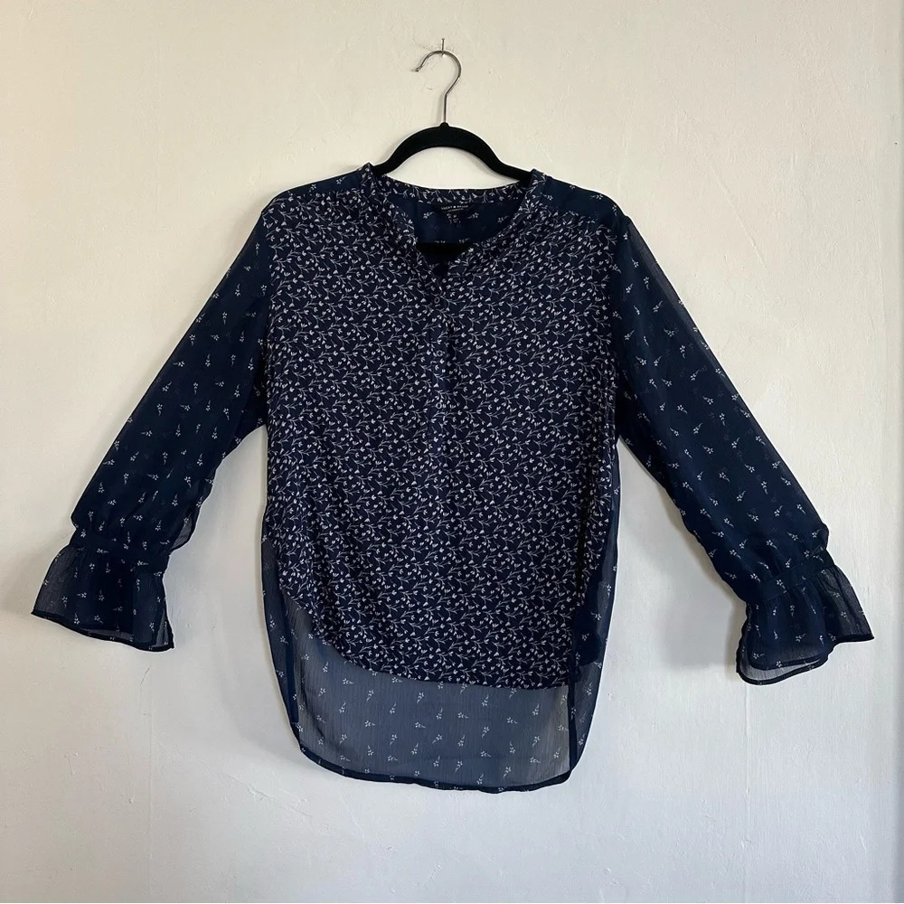 Lucky Brand Top Womens Size M Dark Blue Floral Boho Peasant Button Flowy Blouse - Picture 6 of 13